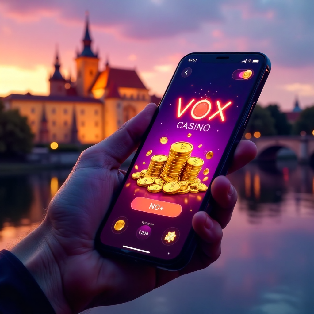 A hand holding a premium smartphone showing Vox Casino app, background featuring the Wawel Royal Castle in Krakow at golden hour, official brand neon purple and deep black colors, 3D golden coins and neon slot symbols flying out of the screen, hyper-reali